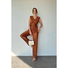 Elbee Fashion Woman Kahverengi Fitilli V Yaka Takım