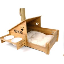 RealWood  Ahşap Seramik Kaseli Tırmalama Çubuklu Açık Kapalı Kedi ve Köpek Evi 4 In 1