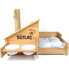 RealWood  Ahşap Seramik Kaseli Tırmalama Çubuklu Açık Kapalı Kedi ve Köpek Evi 4 In 1