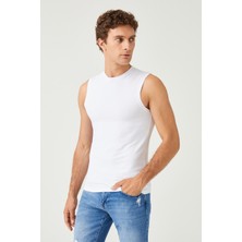 Fsm1453 Erkek Pamuklu Süprem Penye Slim Fit Sıfır Yaka Kolsuz Beyaz Likralı Üst - 1014