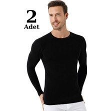 Arma Yıldız Erkek Siyah Bisiklet Yaka Uzun Kollu Fanila Tişört 2'li Paket %100 Pamuk Penye