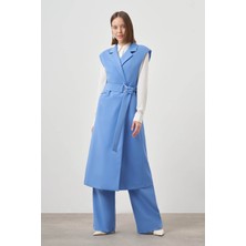 Mizalle Tokalı Double Uzun Mavi Yelek