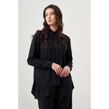 Mizalle Keten Dokulu Katlı Siyah Tunik
