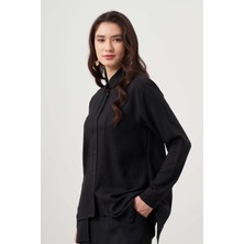Mizalle Keten Dokulu Katlı Siyah Tunik
