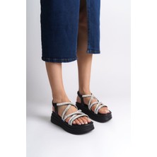 Mevese ELENA Lastikli Taşlı Şeritli Ortopedik Taban Kadın Sandalet ST Siyah