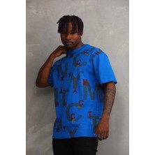 Tarz Yeri Unisex Baskılı Oversize T-Shirt - Mavi