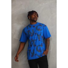 Tarz Yeri Unisex Baskılı Oversize T-Shirt - Mavi