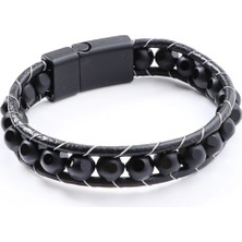 Hg.Aksesuar Desenli Oniks Doğaltaş Deri Bileklik