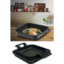 Mabeyn Kare 3’lü Set Döküm Siyah Granit Sahan Tava 22CM-20CM-18CM