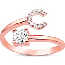 Sunshine 925 Ayar Rose Kaplamalı Beyaz Taşlı C Harfi Gümüş Yüzük