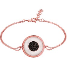 Sunshine 925 Ayar Rose Kaplamalı Siyah Zirkon ve Sedef Taşlı Çift Zincirli Gümüş Bileklik