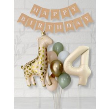 Parti Furyası Bej Krem Rakam Balon Soft Kahve Renkler Zürafa Set Arka Fon 4 yaş Balon Kraft Happy Birthday Banner
