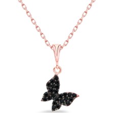 Sunshine 925 Ayar Rose Kaplamalı Siyah Taşlı Minimal Tasarım Kelebek Gümüş Kolye