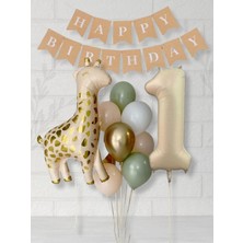 Parti Furyası Krem 1 Yaş Rakam Balon Soft Kahve Renkler Zürafa Set  Kraft Happy Birthday Banner Parti Seti