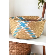 Ocean Point Katlanabilir Sepet Doğal Deniz Sazı Organizer Dekoratif Düzenleyici Turkuaz Çizgili 30CM Ocean Point