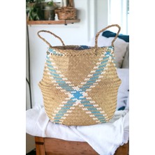 Ocean Point Katlanabilir Sepet Doğal Deniz Sazı Organizer Dekoratif Düzenleyici Turkuaz Çizgili 30CM Ocean Point