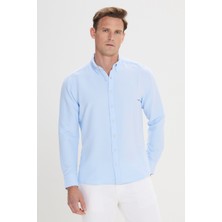 Altınyıldız Classics Erkek Mavi Slim Fit Dar Kesim Keten Görünümlü Gofre Desenli Düğmeli Yaka Gömlek