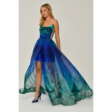 ALFABETA Desenli Straplez Saks-Yeşil Kadın Abiye 2245922