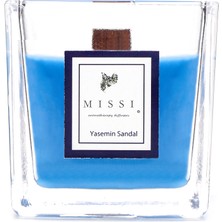 Missi Kare Cam Mavi Ahşap Fitilli Yasemin Sandal Vegan Mum(8x8 Cm)