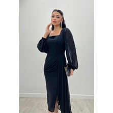 Giyimmasalı Atlas Kumaş Boncuk Detaylı Şifon Kol Kalem Elbise - Siyah