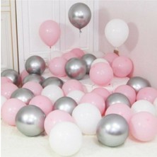Balonevi 30 Adet Helyumla Uçan Metalik Gümüş-Pembe-Beyaz Balon, Parti ve Kutlama Malzemeleri
