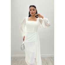 Giyimmasalı Atlas Kumaş Boncuk Detaylı Şifon Kol Kalem Elbise - Beyaz