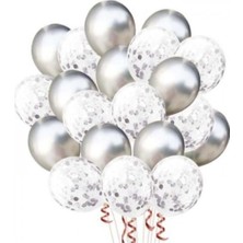 Balonevi Gümüş Konfetili Balon Seti 20 Adet Şeffaf ve Gümüş Renk Lateks Balonlar