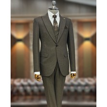 Terzi Adem Altun İtalyan stil slim fit erkek ceket yelek pantolon takım elbise Kahverengi T10786