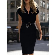 Stock Mount Kadın Kısa Kollu Kruvaze Yaka Krep Elbise (Kemersiz)