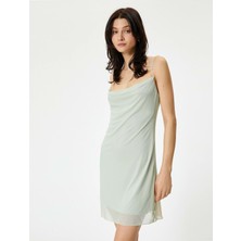 Koton Mini Şifon Elbise Ince Askılı Degaje Yaka Fiyonk Detaylı - Koton - 4SAK80087EK - Ada Çayı - Xl