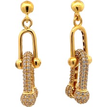 Altınöz Mücevherat Zirkon Taş Döşeli Geniş ve Sade Ince Tif Model Sarı Küpe