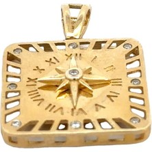 Altınöz Mücevherat Zirkon Taş Detaylı Kare Içi Roma Rakamlı Pusula Altın Brolog Kolye Ucu