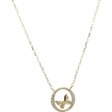 Altınöz Mücevherat Zirkon Taşlı Daire Içi Kelebek Figürlü Altın Kolye