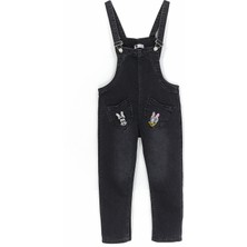 DobaKids Cep Detaylı Nakışlı Kısa Paça Kız Çocuk Kot Salopet Tulum 8-12 Yaş Siyah 001-0001885