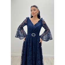 Giyimmasalı Dantel Kumaş Kolları Volan Detaylı - Lacivert