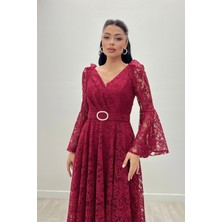 Giyimmasalı Dantel Kumaş Kolları Volan Detaylı - Bordo
