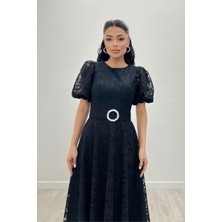 Giyimmasalı Dantel Kumaş Kolları Balon Kol Maxi Elbise - Siyah