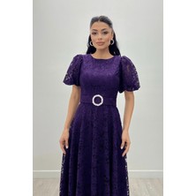 Giyimmasalı Dantel Kumaş Kolları Balon Kol Maxi Elbise - Patlıcan Mor