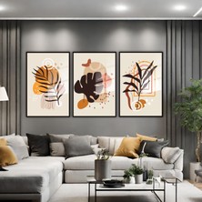 Gaagart 3lü Metal Çerçeveli Cam Tablo Seti Bohem Kahverengi Yapraklar