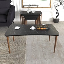 Zuesse Dizayn Aleyna Orta Sehpa ve Zigon Sehpa Ahşap Ayaklı Çay Kahve Sehpası Xl 5'li Salon Seti - Siyah Mermer