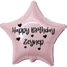 Eğlence Marketi 18 Inç Pembe Renk Kişiye Özel Happy Birthday Yazılı Kalp Figürlü Yıldız Folyo Balon
