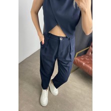 Sue Store Lacivert Düğmeli Asimetrik Kesim Yelek Pantolon Takım