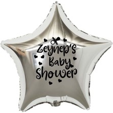 Eğlence Marketi 18 Inç Gümüş Renk Kişiye Özel Baby Showers Yazılı Emzik-Kalp Figürlü Yıldız Folyo Balon