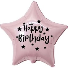 Eğlence Marketi 18 Inç Pembe Renk Taç - Yıldız Figürlü Happy Birthday Temalı Yıldız Folyo Balon