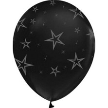 Eğlence Marketi 12 Inç Standart Boy Baskılı Balon 10 Adet Siyah Yıldızlı Gümüş