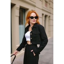 Sue Store Siyah Astarlı Vatkalı Keten Dokulu Crop Ceket