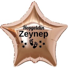 Eğlence Marketi 18 Inç Rose Gold Renk Yeni Doğan Kişiye Özel Hoşgeldin Bebek Yazılı Ayak Figürlü Yıldız Folyo Balon