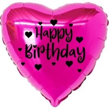 Eğlence Marketi 18 Inç Fuşya Renk Kalp Figürlü Happy Birthday Temalı Kalp Folyo Balon