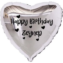 Eğlence Marketi 18 Inç Gümüş Renk Kişiye Özel Happy Birthday Yazılı Kalp Figürlü Kalp Folyo Balon