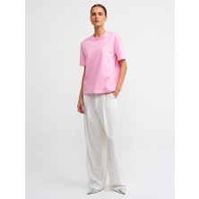 Dilvin 30312 Dekoratif Dikişli Bisiklet Yaka Tshirt-Açık Pembe